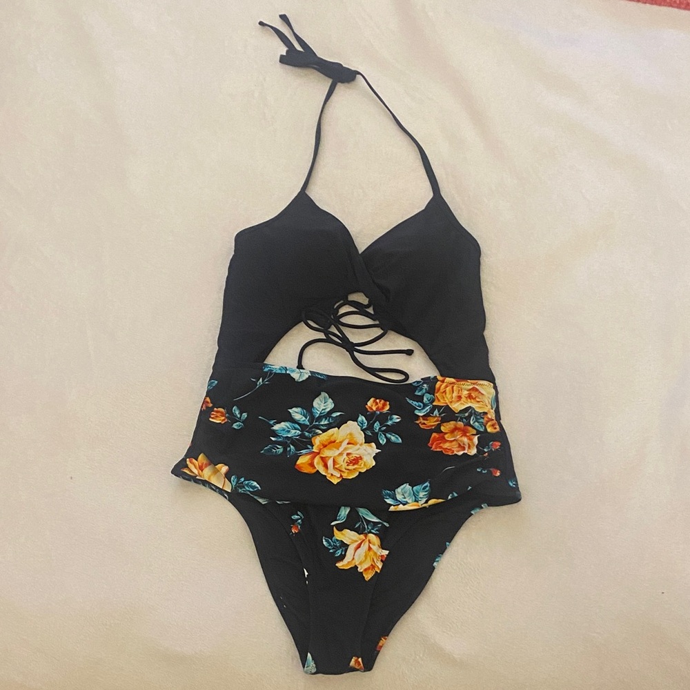 Floral Black Kids One Piece Swimsuit
